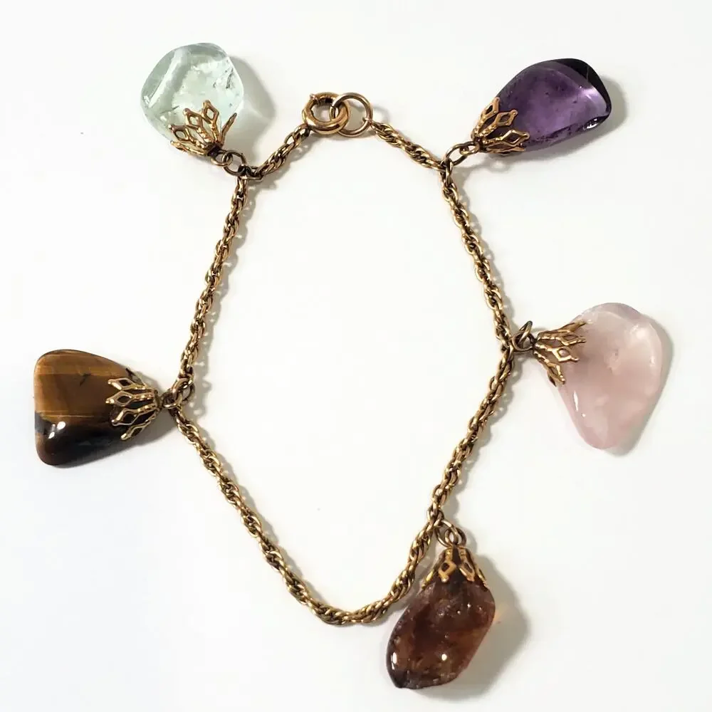 Vintage 12k Gold Filled Semi-Precious 5 Gemstone Bracelet 7